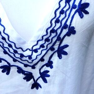 White Embroidered Dolly Mama Designs Kaftan Cover-up with Blue Embroidery Accent